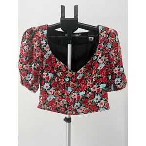 ASTR the Label Floral Sweetheart Crop Top Red Black Multi Size S Puff Sleeve